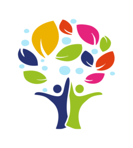 Logo przedstawiające stylizowane drzewo z kolorowych liści oraz dwie postacie ludzkie stojące obok siebie z uniesionymi ramionami, symbolizujące współpracę i integrację.